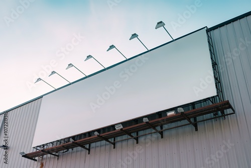 a large, rectangular billboard mounted on the side of a corrugated metal building