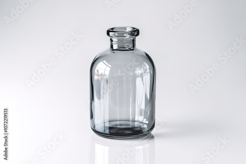 A photo of a clear glass bottle with a rounded neck and a narrow opening