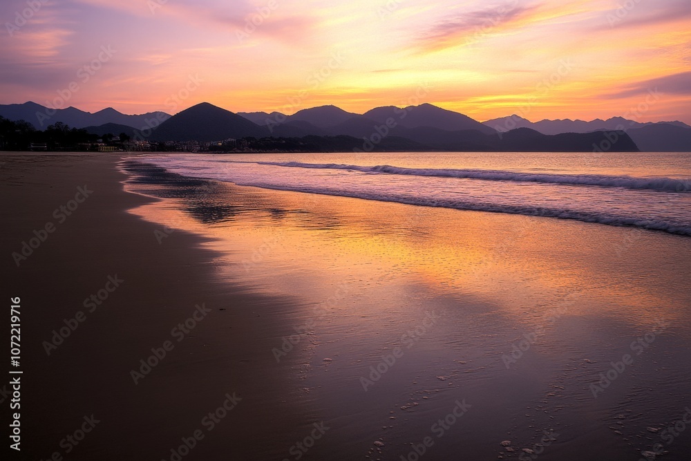 Fototapeta premium Stunning Sunset Seascape with Silhouetted Mountains Background