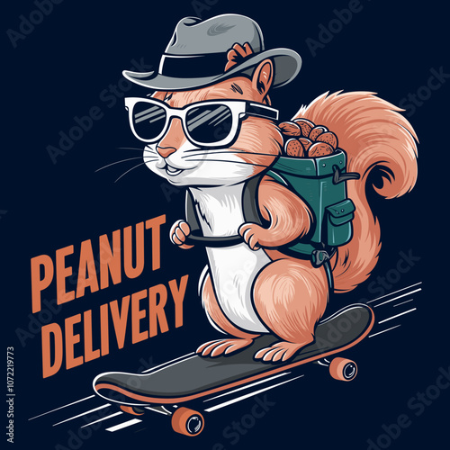Cool Squirrel Riding Skateboard with Peanut Delivery - T-Shirt Print Design