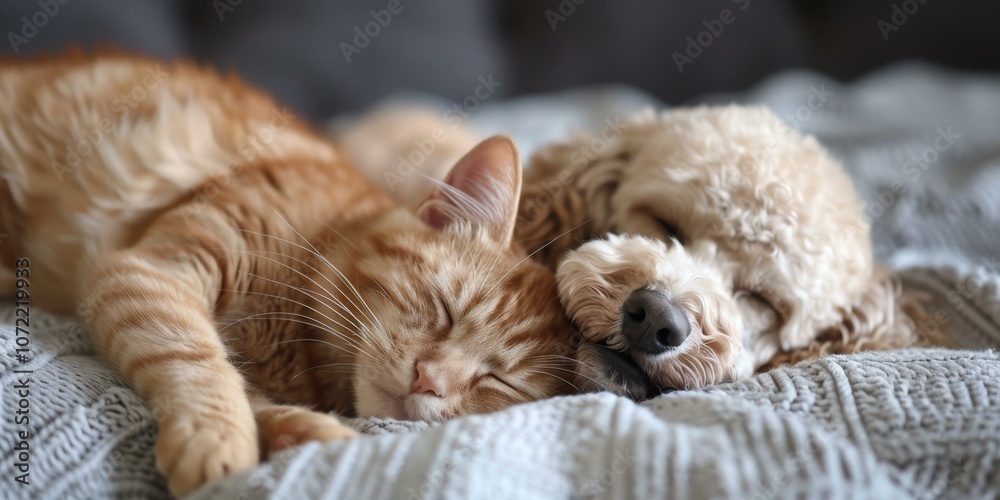 Orange Cat and White Dog Sleeping Together on a Couch Orange Cat and White Dog Sleeping Together on a Couch
