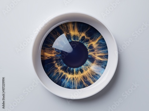 Eye-shaped ceramic plate, cosmic iris design, golden sunburst pattern, deep blue pupil photo