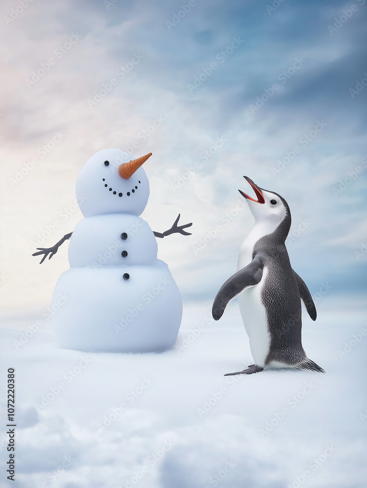 Fototapeta premium A playful penguin builds a snowman in a winter wonderland under a soft, glowing sky during a snowy afternoon