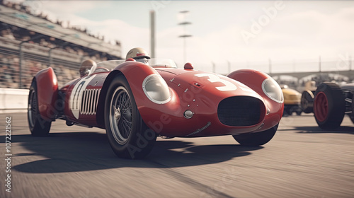 Vintage racing car on the track. Retro auto sport event, with fast classic cars