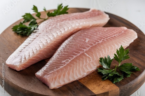 raw fish fillets placed on a wooden cutting board