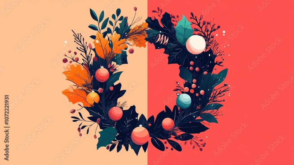 New Year holiday wreath flat design front view seasonal theme animation Split-complementary color scheme New Year holiday wreath flat design front view seasonal theme animation Split-complementary color scheme
