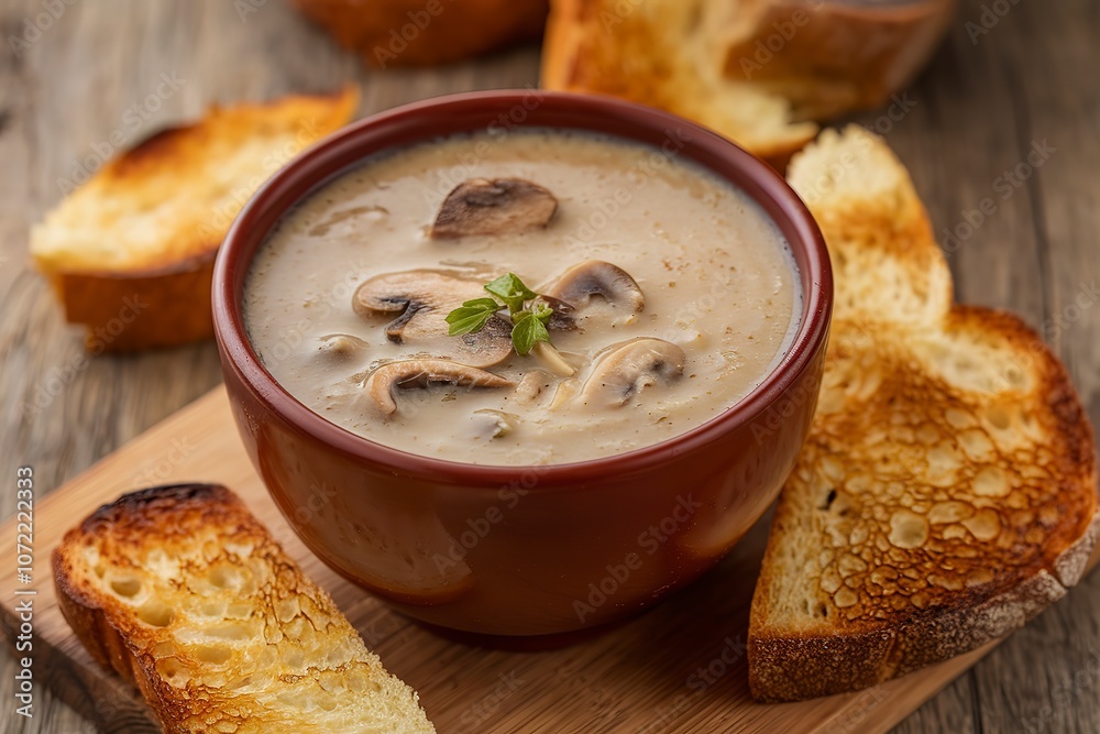 a bowl of mushroom soup with pieces of toasted bread on a wooden background