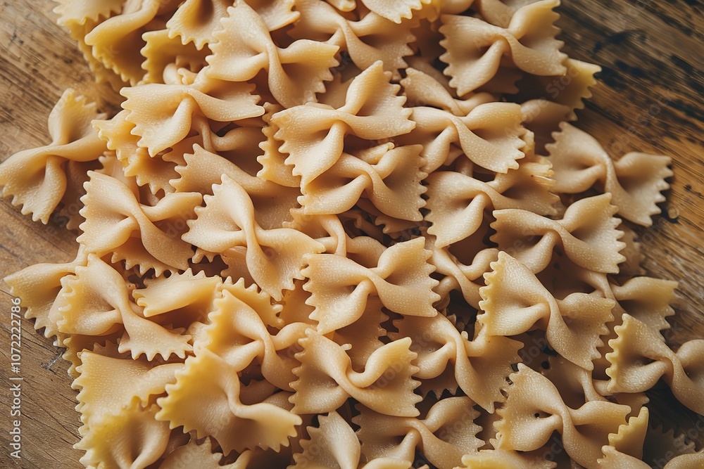 a close-up view of bowtie pasta on a wooden surface
