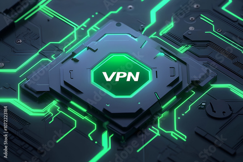 A close-up view of a glowing VPN chip on a dark circuit board. photo