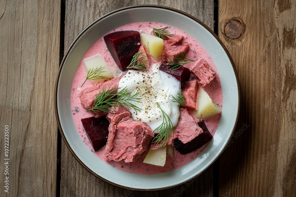 A photo of a cold soup with chunks of beetroot, diced potatoes, and beef meat A photo of a cold soup with chunks of beetroot, diced potatoes, and beef meat
