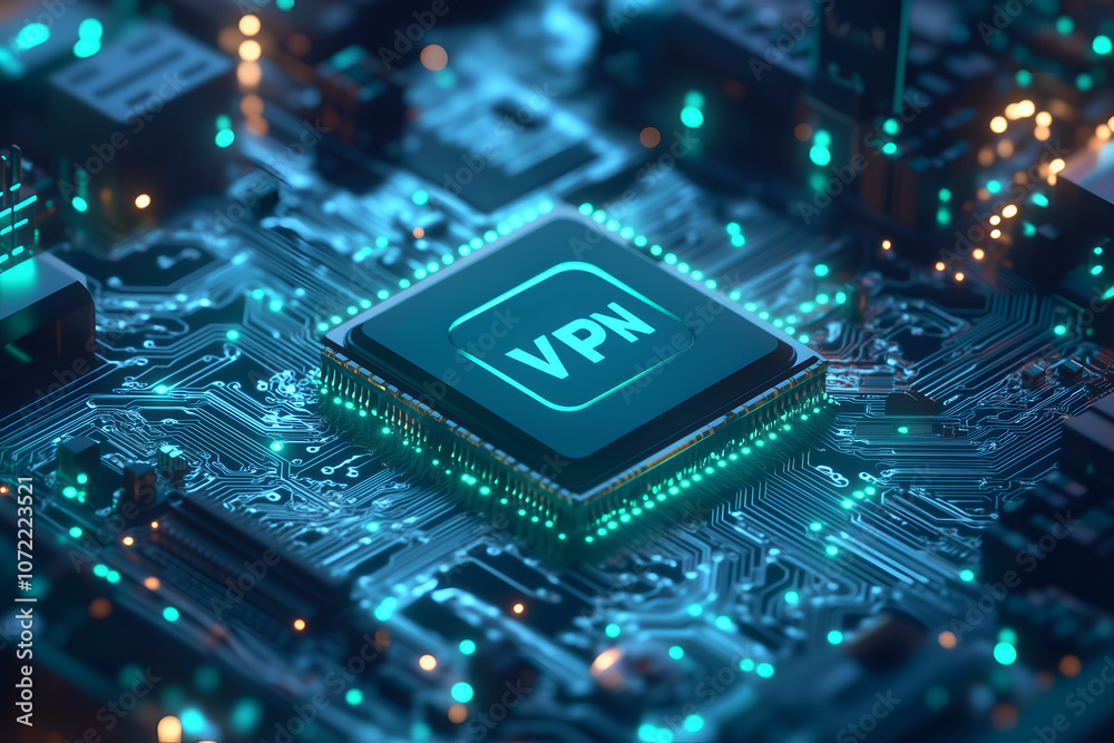 A close-up view of a glowing VPN chip on a dark circuit board. A close-up view of a glowing VPN chip on a dark circuit board.