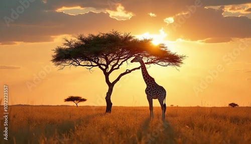 Giraffe in the African savannah during a golden sunset