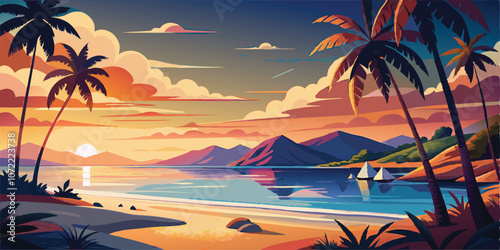 Colorful tropical sunset landscape illustration, beach and ocean, perfect summer getaway
