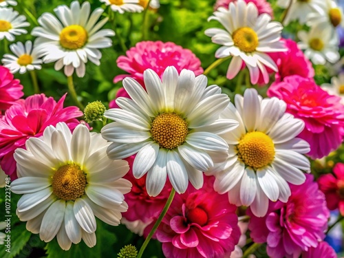 Elegant White Chamomile and Pink Geranium Flowers for Fashion Garden T-Shirt Design, Embroidery Template, Summer Floral Art Inspiration for Trendy Clothing Collections