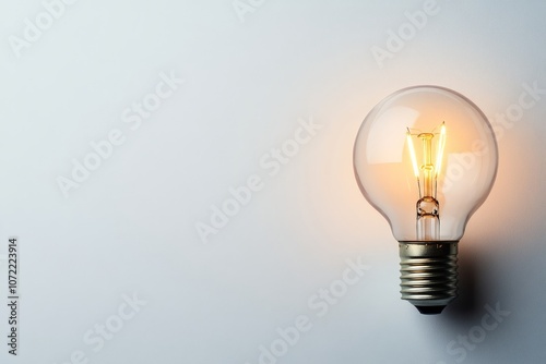 Glowing incandescent light bulb symbolizing creative idea on a soft white background