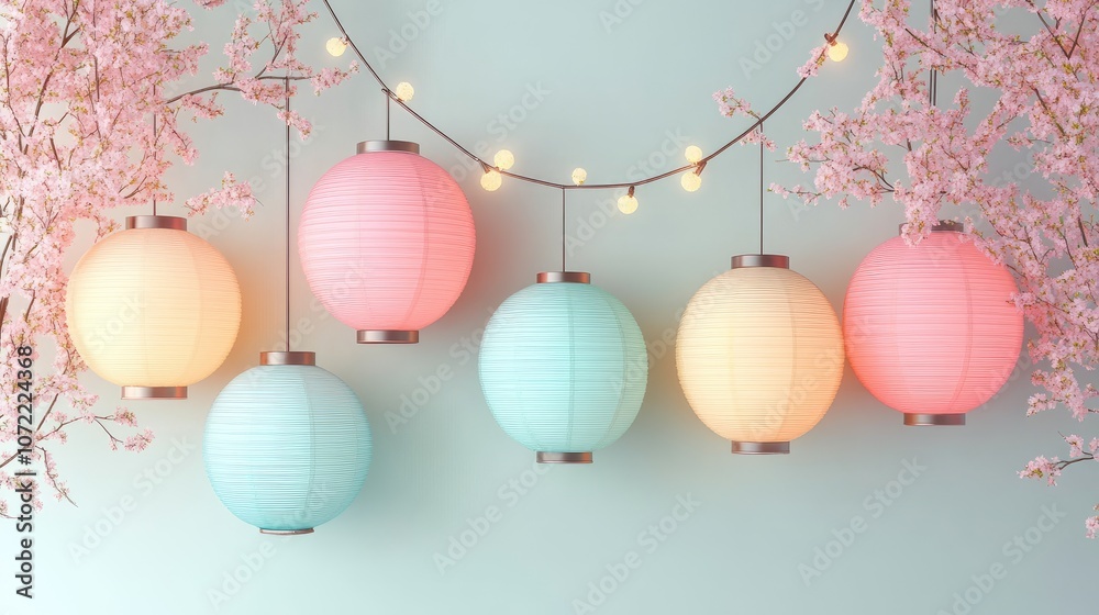 New Year lights and lanterns flat design top view cultural theme 3D render colored pastel New Year lights and lanterns flat design top view cultural theme 3D render colored pastel