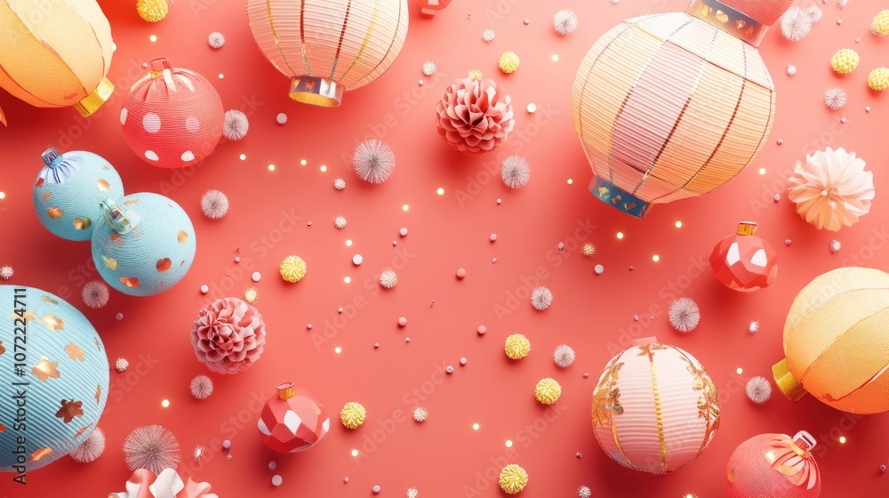 New Year lights and lanterns flat design top view cultural theme 3D render colored pastel New Year lights and lanterns flat design top view cultural theme 3D render colored pastel
