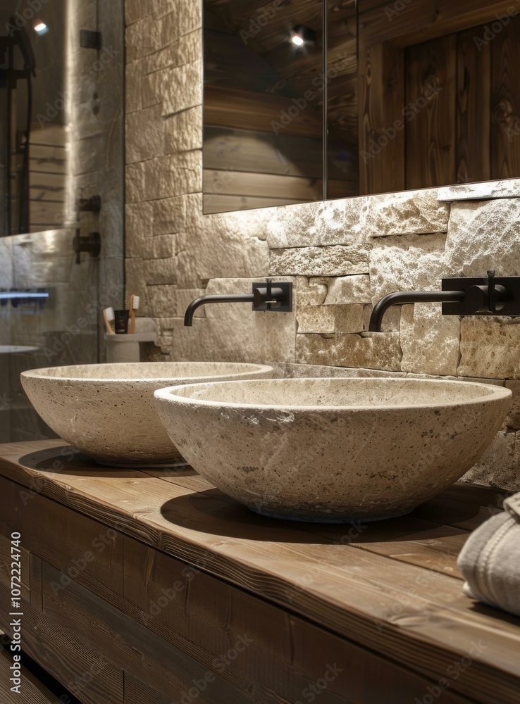 Rustic Stone Bathroom Vanity with Wooden Countertop Rustic Stone Bathroom Vanity with Wooden Countertop