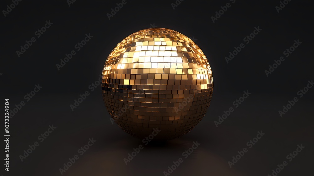 Obraz premium A shiny golden disco ball reflecting light in a dark environment.