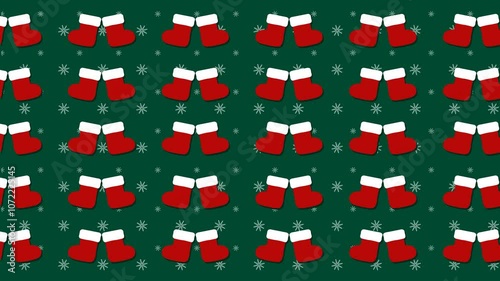 Seamless Loop of Red Christmas Boots and Snowflake Pattern on Green Background