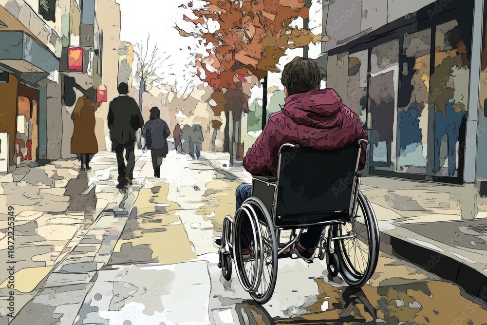 Obraz premium Autumn city stroll: empowerment and inclusion for wheelchair users in urban landscapes