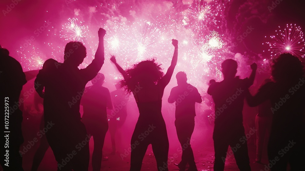 Silhouettes of people dancing under bright fireworks, capturing the joy and energy of a New Year celebration Silhouettes of people dancing under bright fireworks, capturing the joy and energy of a New Year celebration