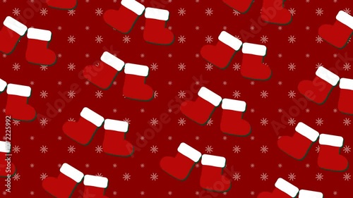 Seamless Loop of Red Christmas Boots and Snowflake Pattern on Red Background