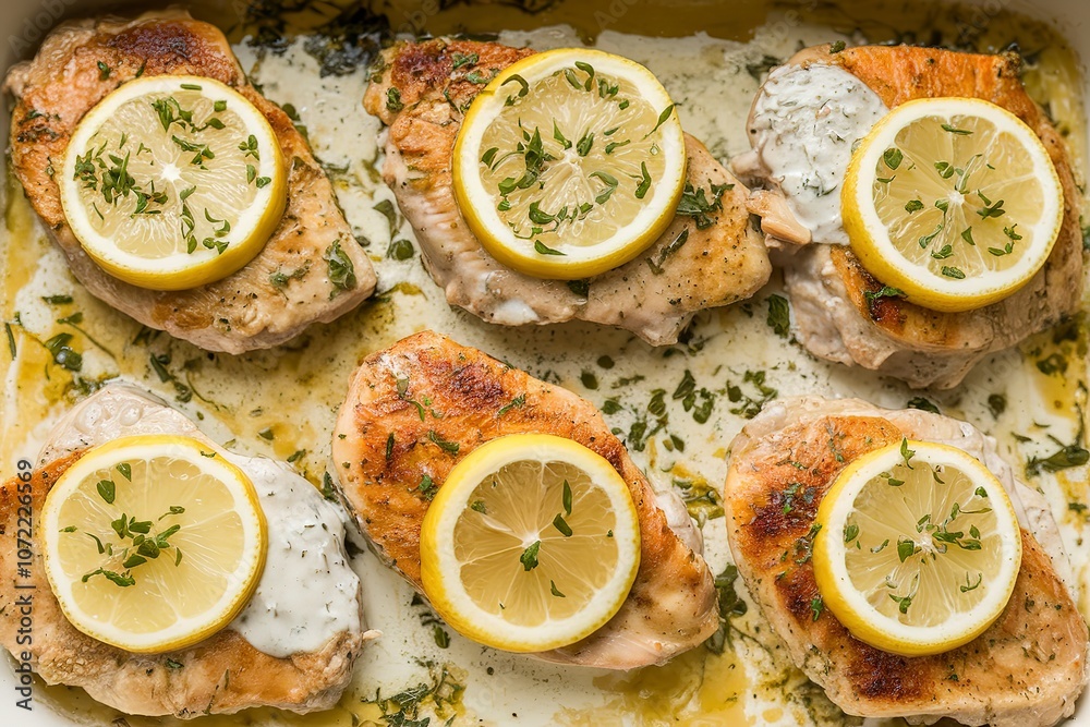 a baking dish containing pieces of chicken fillet in white cream sauce a baking dish containing pieces of chicken fillet in white cream sauce