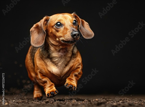 A happy brown miniature dachshund running in the dirt photo