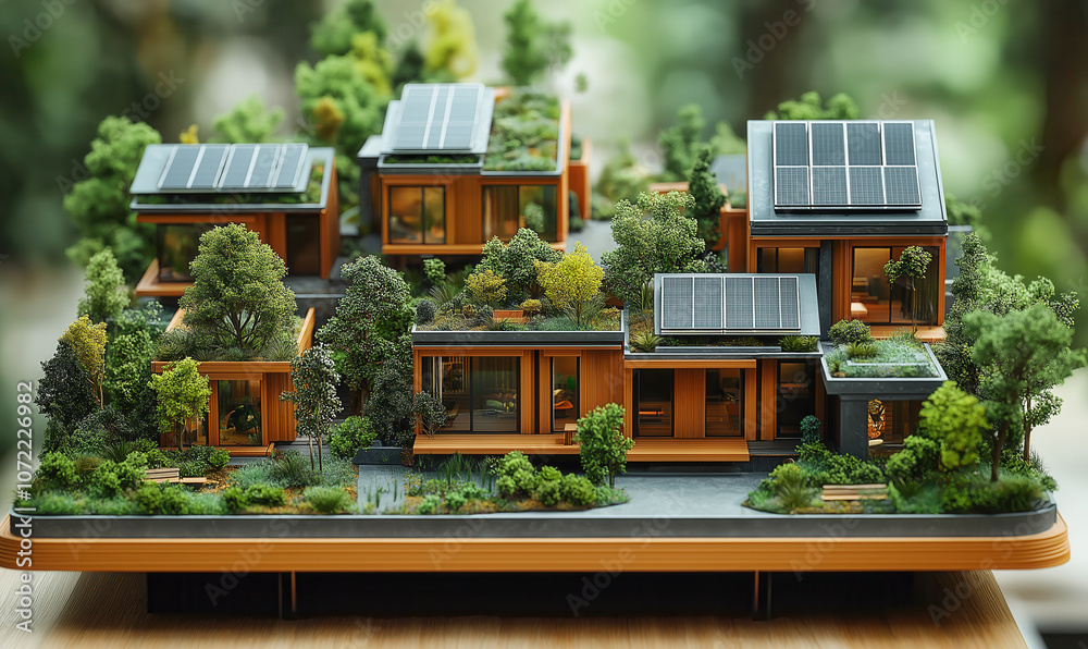 Ecology concept, a model of a green city with solar panels on the roofs of houses. Ecology concept, a model of a green city with solar panels on the roofs of houses.