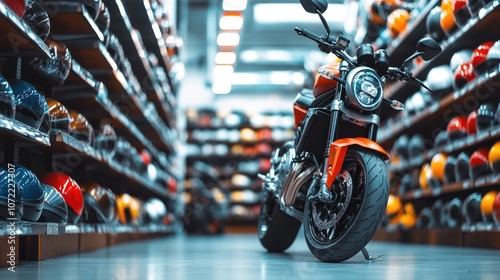 Modern Motorcycle Display in Store with Helmet Shelves in Background photo