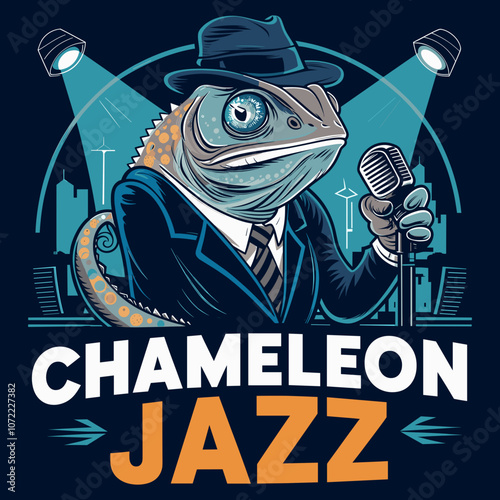 Chameleon in Jazz Suit Holding Microphone with Cityscape Background - T-Shirt Print Design