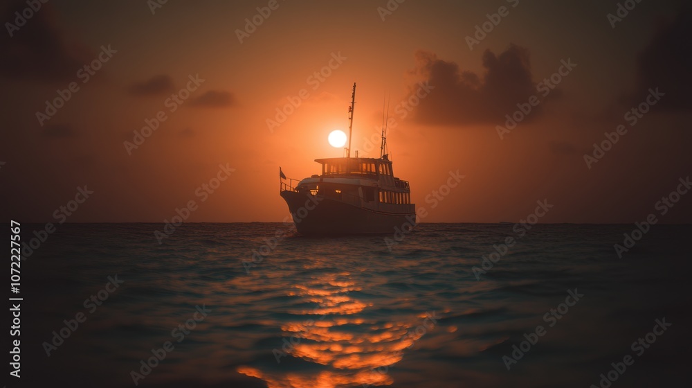 Silhouette of Boat Against Vibrant Sunset on Calm Ocean Silhouette of Boat Against Vibrant Sunset on Calm Ocean