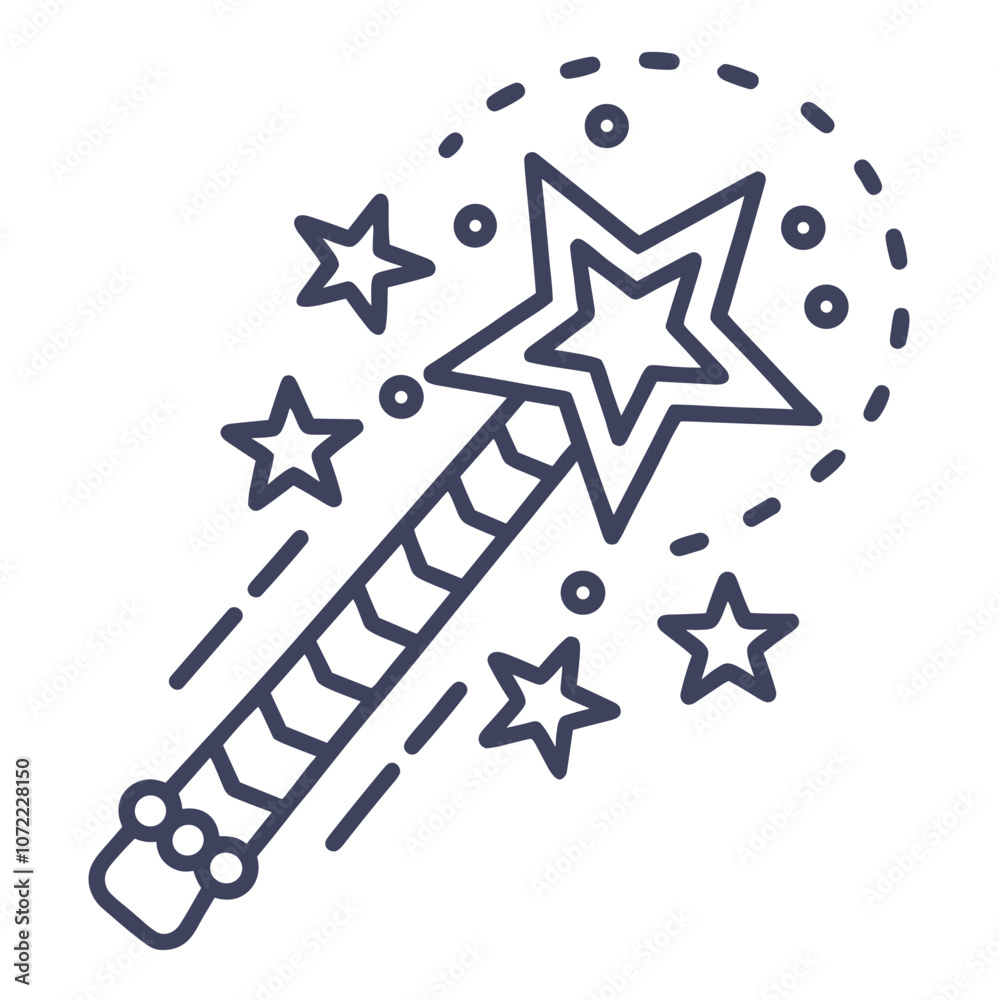 Magic wand icon with sparkling stars and trails in minimalist style Magic wand icon with sparkling stars and trails in minimalist style
