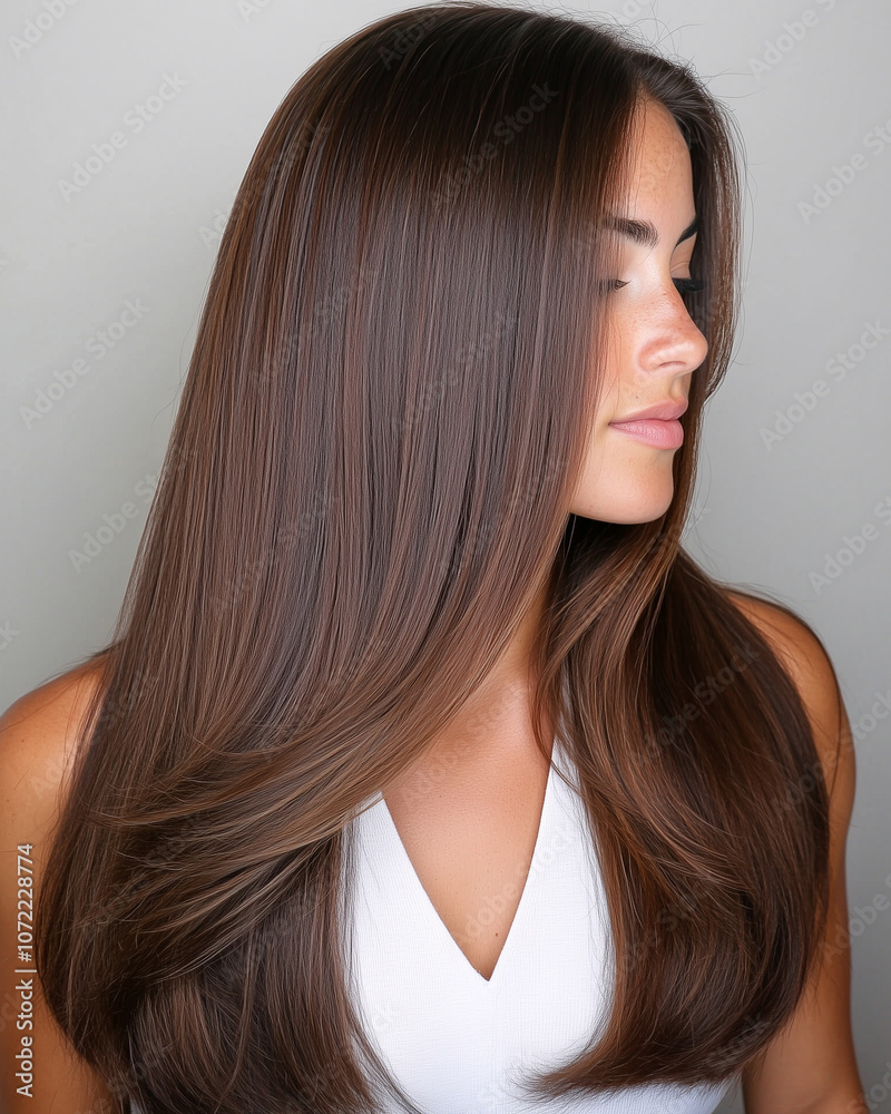 Naklejka premium Sleek Brown Hair on Beautiful Model, Highlighting Spa and Haircare