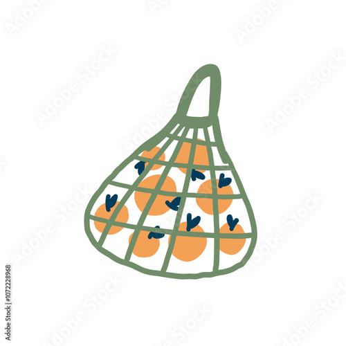 Mesh bag of orange fruit isolated on white background. Vector illustration in naive hand drawn style