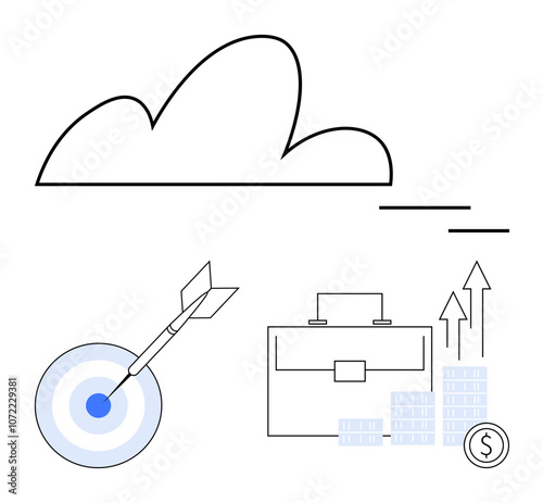 Cloud outline, target with arrow, briefcase, and money stacks with arrow symbols. Ideal for business growth, cloud computing, goal setting, financial success, investment productivity strategic