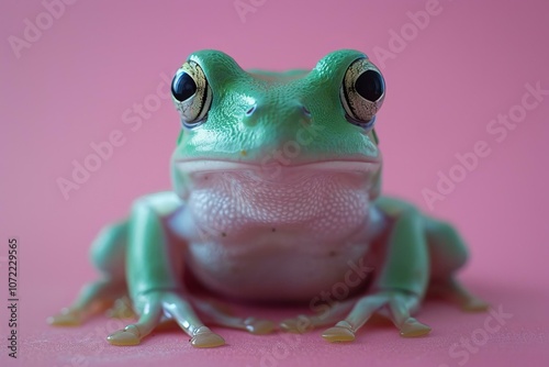 A green frog sits on a pink background photo