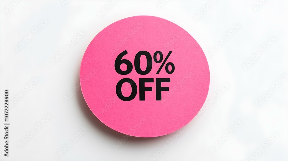 Black '60% OFF' Text on a Pink Round Paper Note. White Background with Copy Space Black '60% OFF' Text on a Pink Round Paper Note. White Background with Copy Space