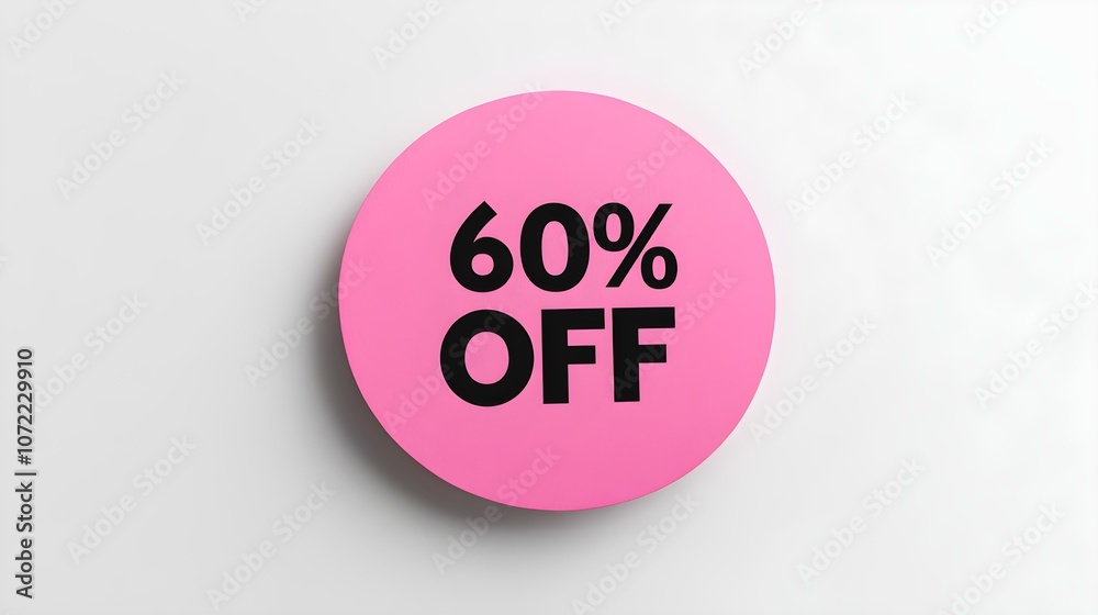 Black '60% OFF' Text on a Pink Round Paper Note. White Background with Copy Space Black '60% OFF' Text on a Pink Round Paper Note. White Background with Copy Space