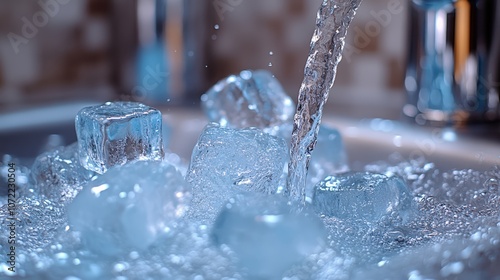 Wallpaper Mural Running water flowing over ice cubes in a sink with a modern kitchen setting, highlighting cleanliness, refreshment Torontodigital.ca