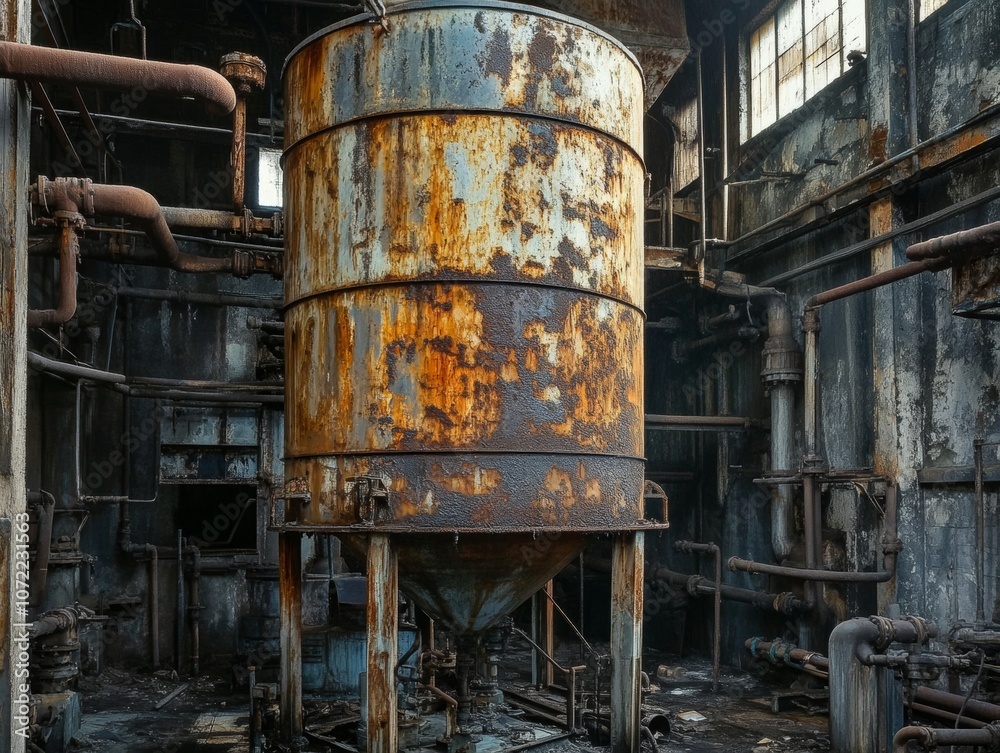 Rusty Industrial Tank in Abandoned Factory. Rusty Industrial Tank in Abandoned Factory.