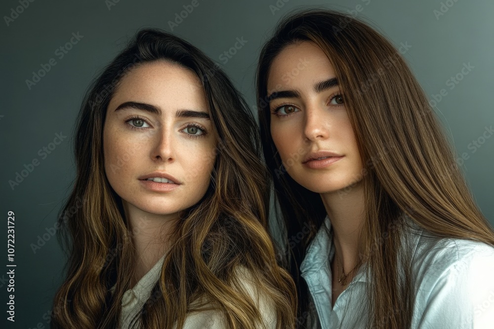 Two young women with long dark hair posing for a portrait Two young women with long dark hair posing for a portrait