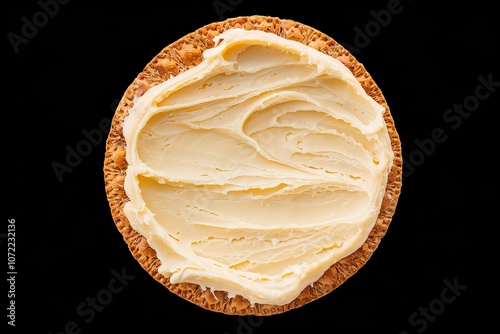 a round, brown cracker topped with a generous spread of creamy white cheese
