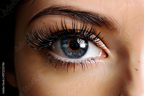 womans long eyelashes natural or false perfectly curled eye deta photo