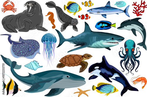 Large set of sea animals.Vector color set of sea animals on a transparent background.
