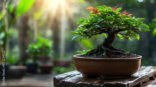 A young bonsai tree growing in a beautifully shaped ceramic pot, symbolizing growth and nurturing