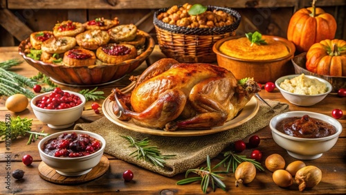 A Rustic Thanksgiving Feast with Roasted Turkey, Cranberry Sauce, and Seasonal Accompaniments