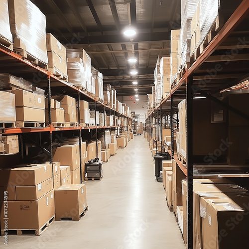 Organized Rows of Boxes in a Modern Production Warehouse