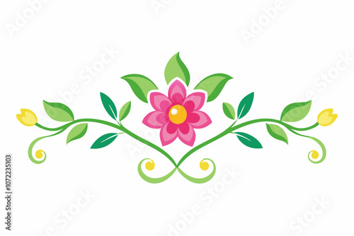 Pink Flower and Green Leaves on White Background, floral design, floral element.